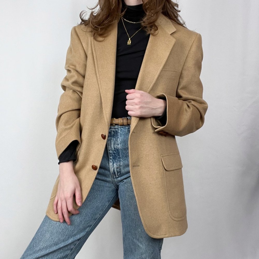 Vintage 100% Camel Hair Union Made Oversized Long Blazer Jacket Coat Preppy USA - Picture 6 of 11